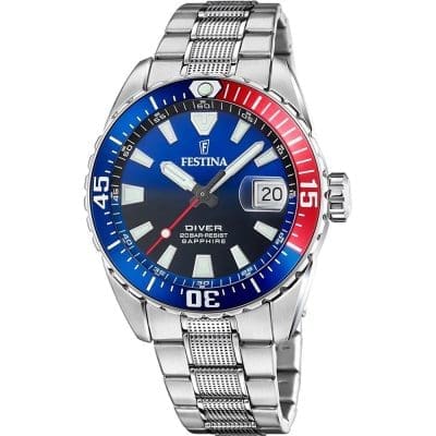 ανδρικό ρολόι festina diver ατσάλινο με ζαφείρι δίχρωμο καντράν