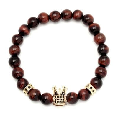 Ανδρικό βραχιόλι με κόκκινο tiger eye και χρυσή κορώνα