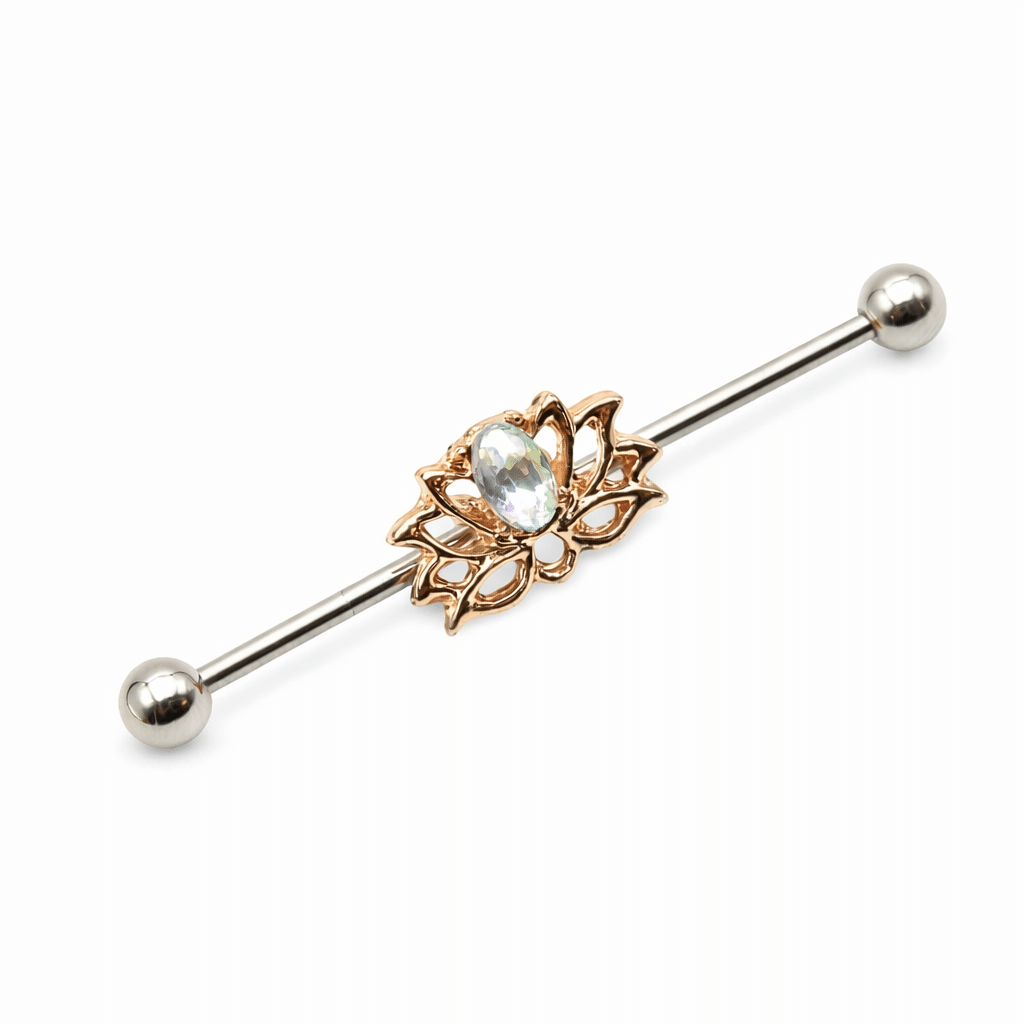 Industrial piercing με λωτό και ιριδίζουσα πέτρα σε ασημί χρώμα NRI0043 Industrial piercing με λωτό και ιριδίζουσα πέτρα σε ασημί χρώμα NRI0043