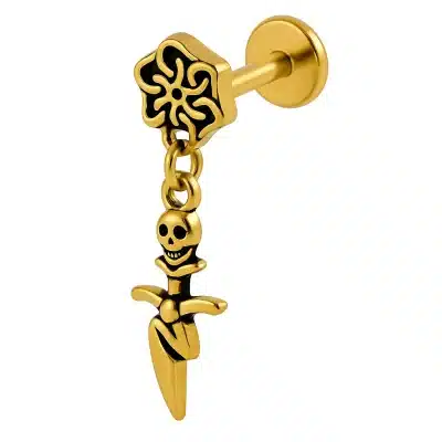 Helix Piercing Νεκροκεφαλή με Σπαθί Κρεμαστό Χρυσό Design SS172A